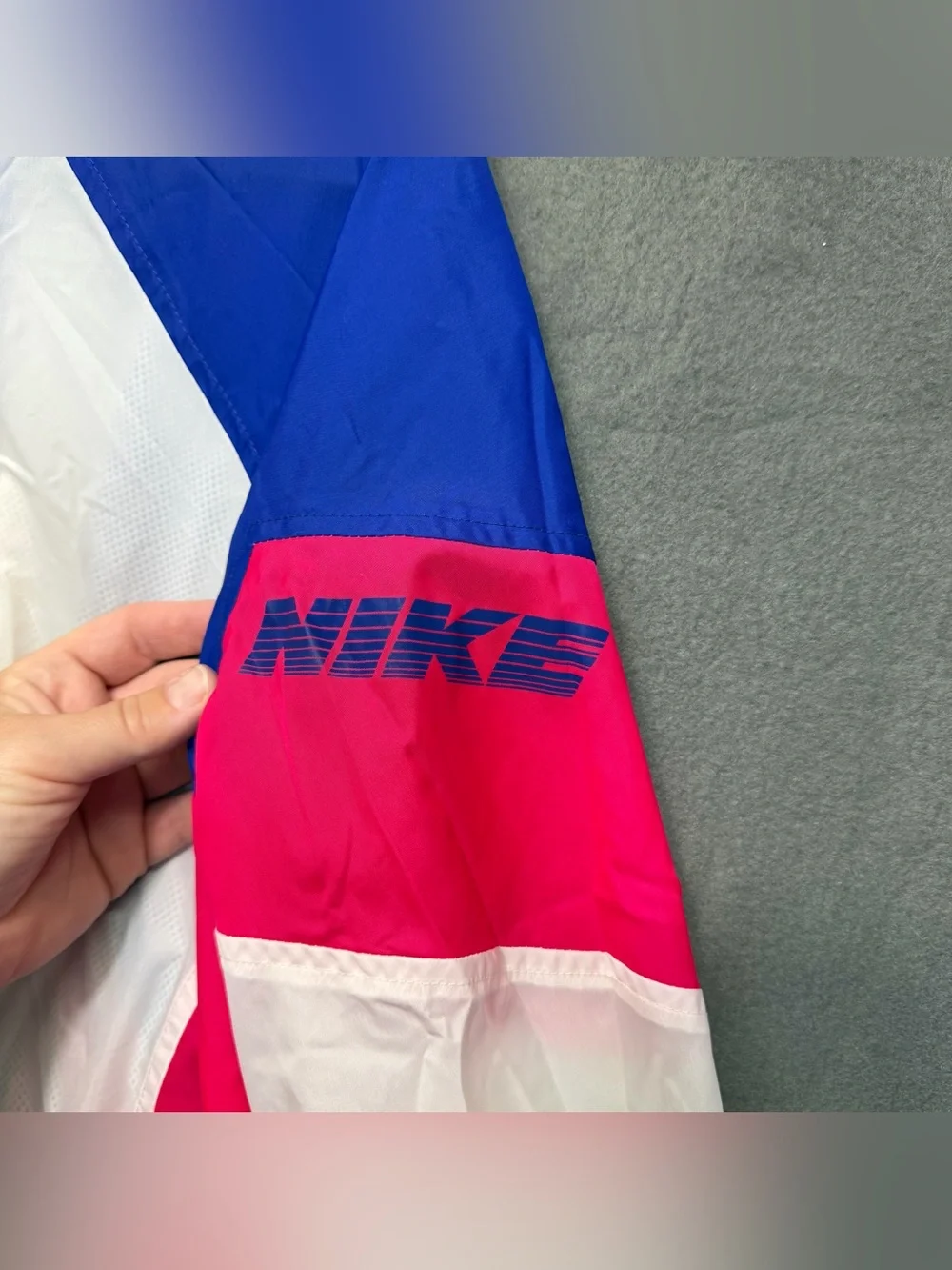 Vintage Nike XL Pink Grey Tag Colorblock Windbreaker Tucked With Hidden Hood